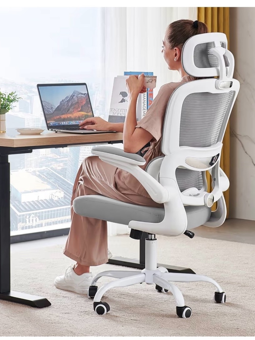 Ergonomic Home Office Chair with Headrest - White & Gray